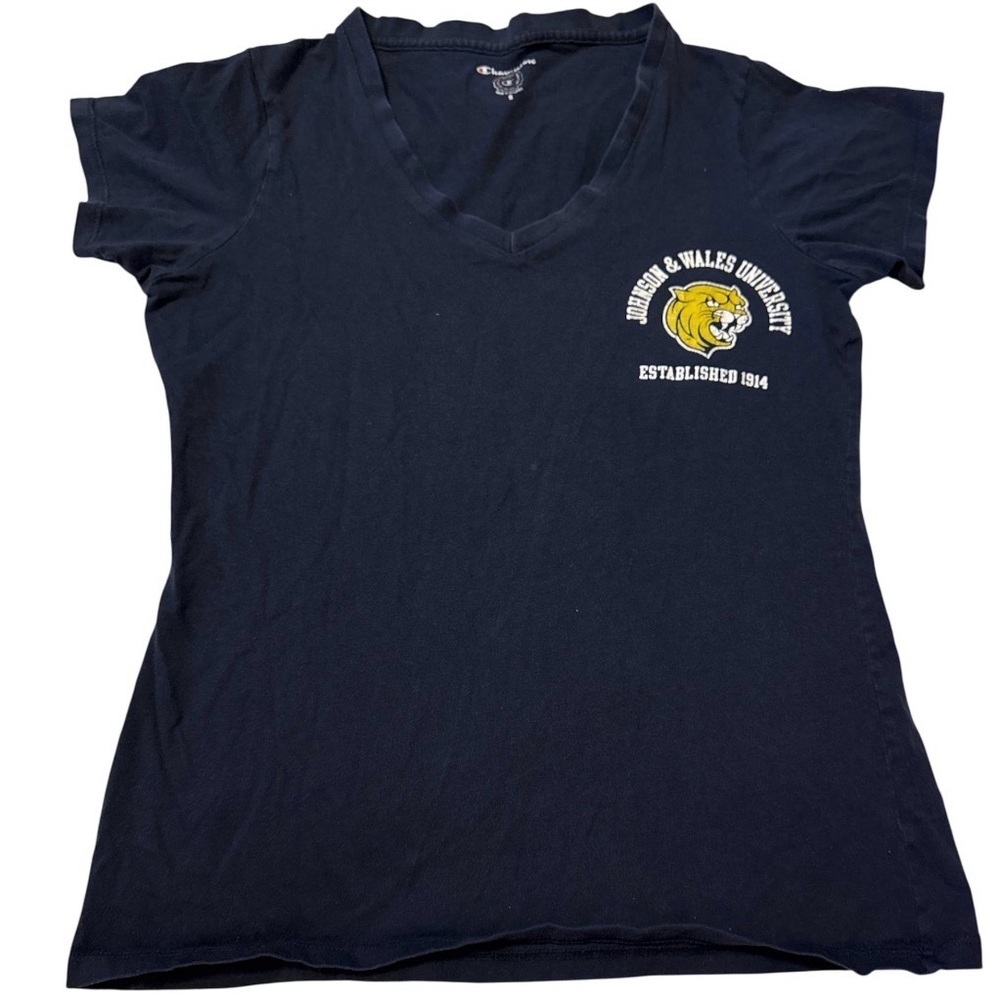 Champion Navy Johns & Wales University V-Neck Short sleeve tee size small